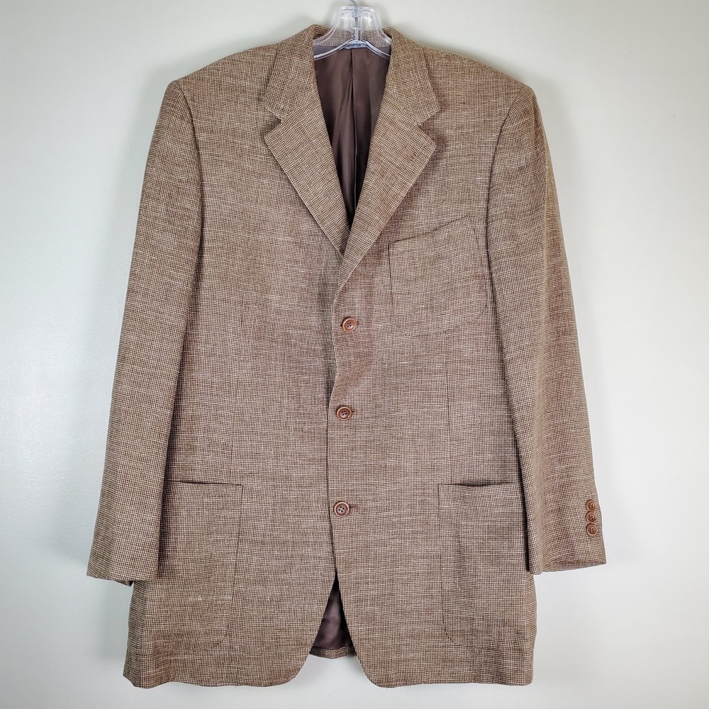 Canali Proposta Italy Tweed Sport Coat Jacket 52L Linen Silk Wool Brown Tan